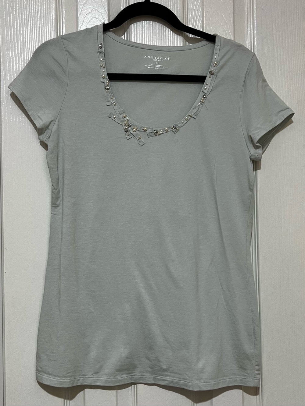 Ann Taylor Light Sage Short-Sleeve Scoop Neck Tee with Neckline Embellishment